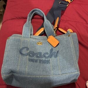 Coach Denim Tote with Navy Strap and Orange Leather Accents